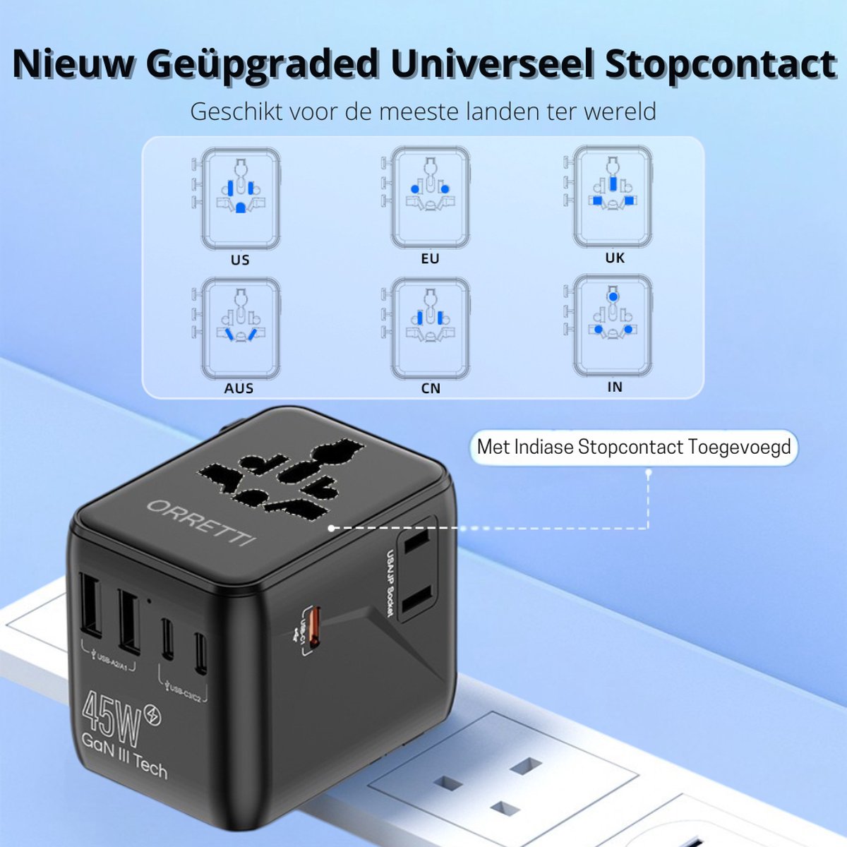 Orretti® Universele Wereldstekker - 45W