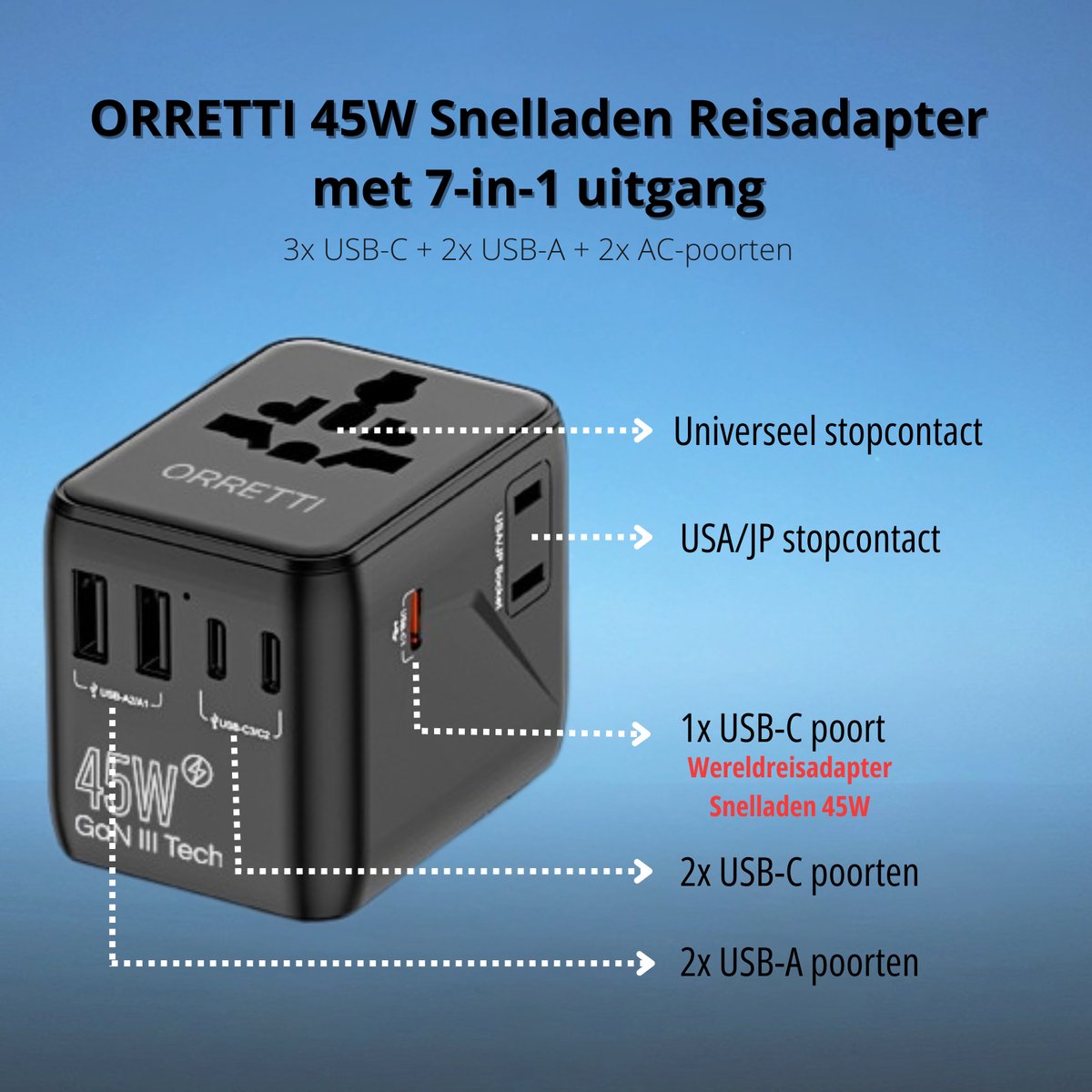 Orretti® Universele Wereldstekker - 45W
