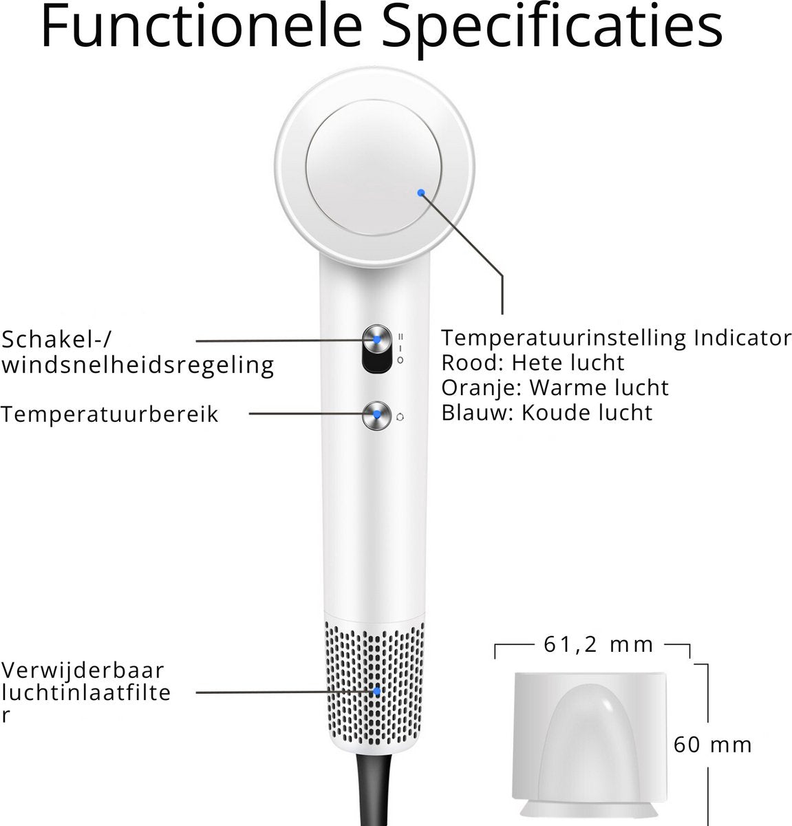 Ionische Fohn met Diffuser - 1600W - 2 Magnetische Opzetstukken